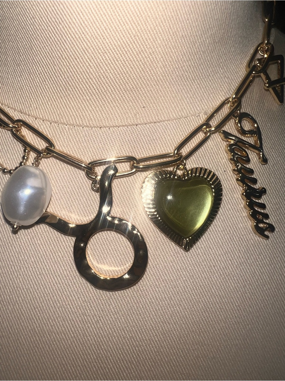 Gold Charm Link Necklace w/Green Heart& Pearl Accent-Jewelry by Free People - Picture 4 of 5